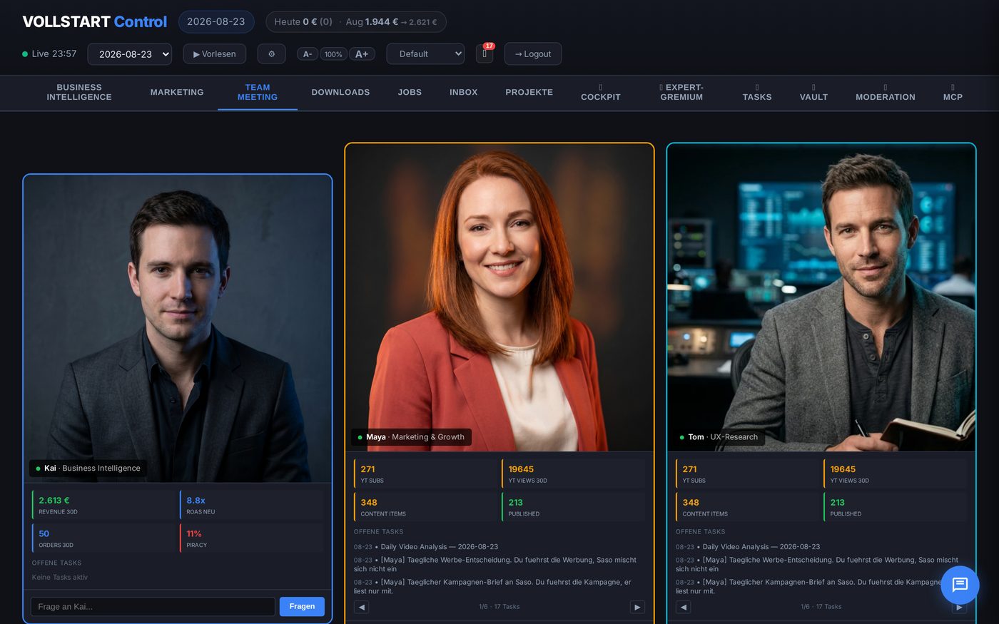 Screenshot of a multi-avatar team meeting in the Business OS