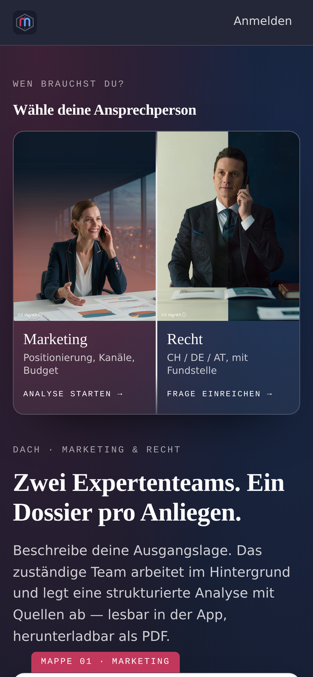 Screenshot der Consultants-Landingpage mit den beiden Expertenteams