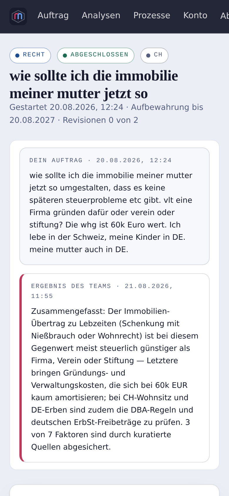 Screenshot eines abgeschlossenen Analyse-Berichts in der Consultants-App